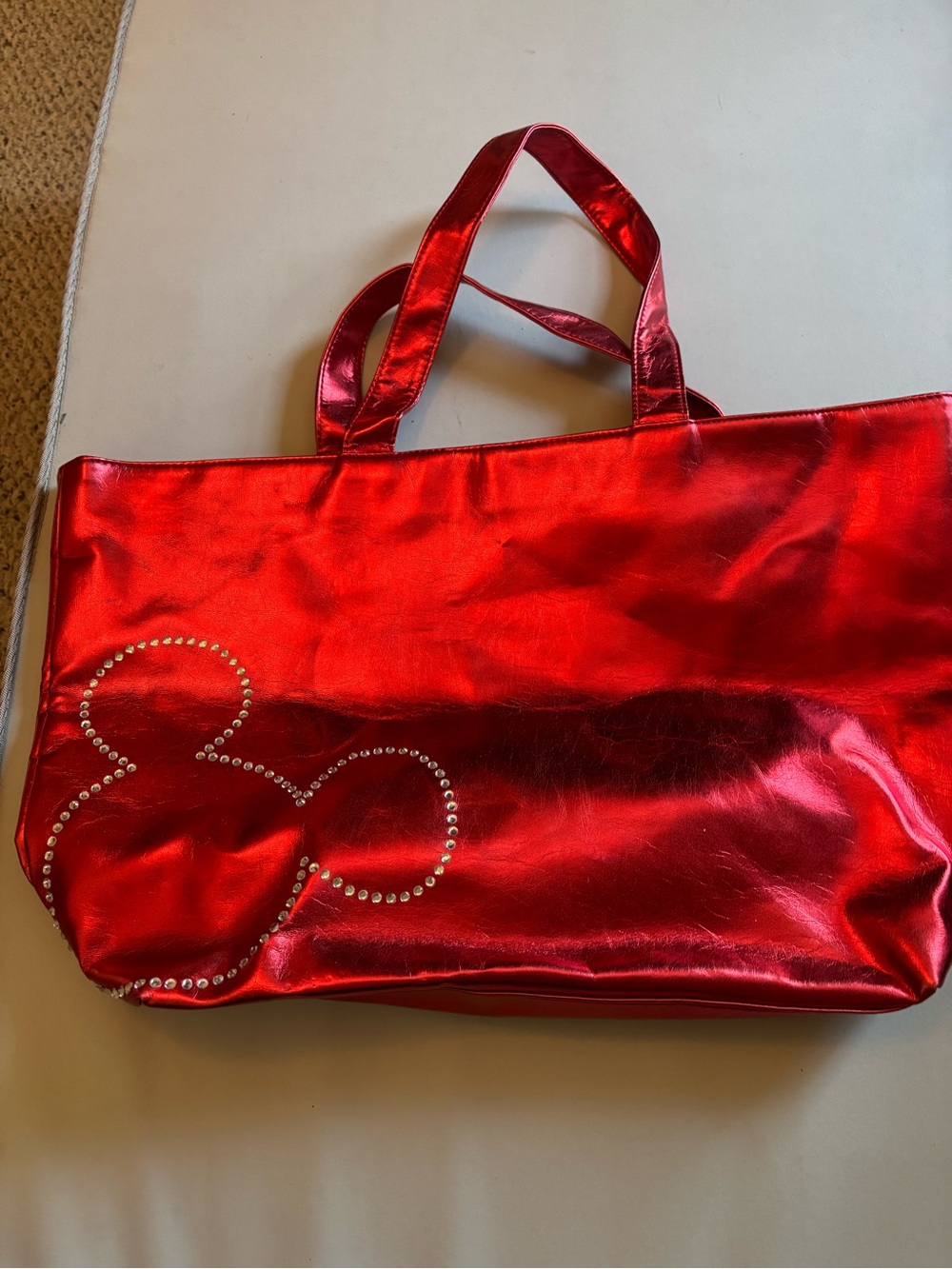 Disney Red Metallic Tote with Rhinestone Mickey Outline